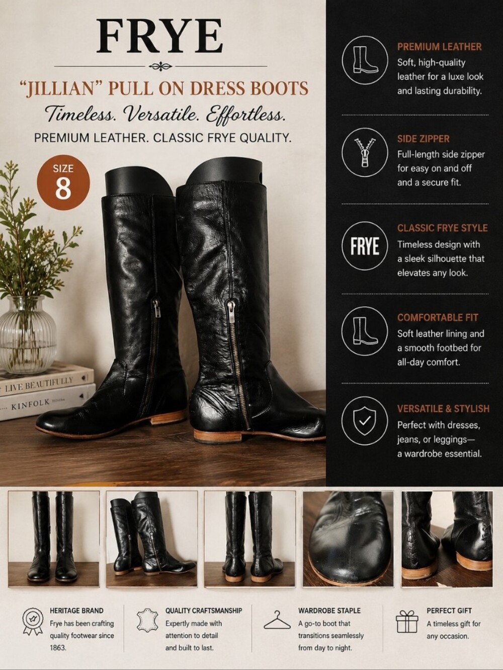 Frye “Jillian” Leather Pull On Dress Boots size 8 Black Side Zipper